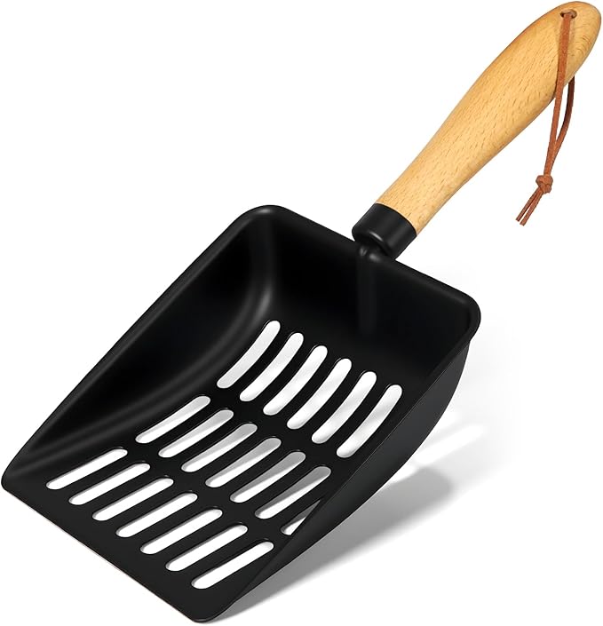 Cat Litter Scoop, Metal Litter Scoop, Heavy Duty Metal Cat Scooper for Litter Box, Black Sifter Scoop for Pellets, Wooden Handle Scoop with Hole, Kitty Necessity (5.5" Handle)