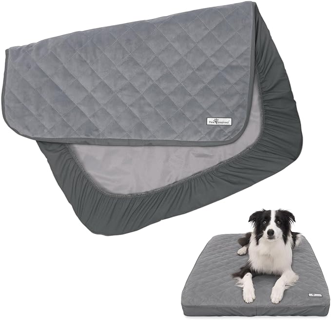 Paw Inspired Waterproof Fitted Cover for Dog Bed | Washable Bed Protector for Dog Mattress | Removable Replacement Cover for Medium to Large Pet Bed (Gray, 36 x 27 x 5 Inch)