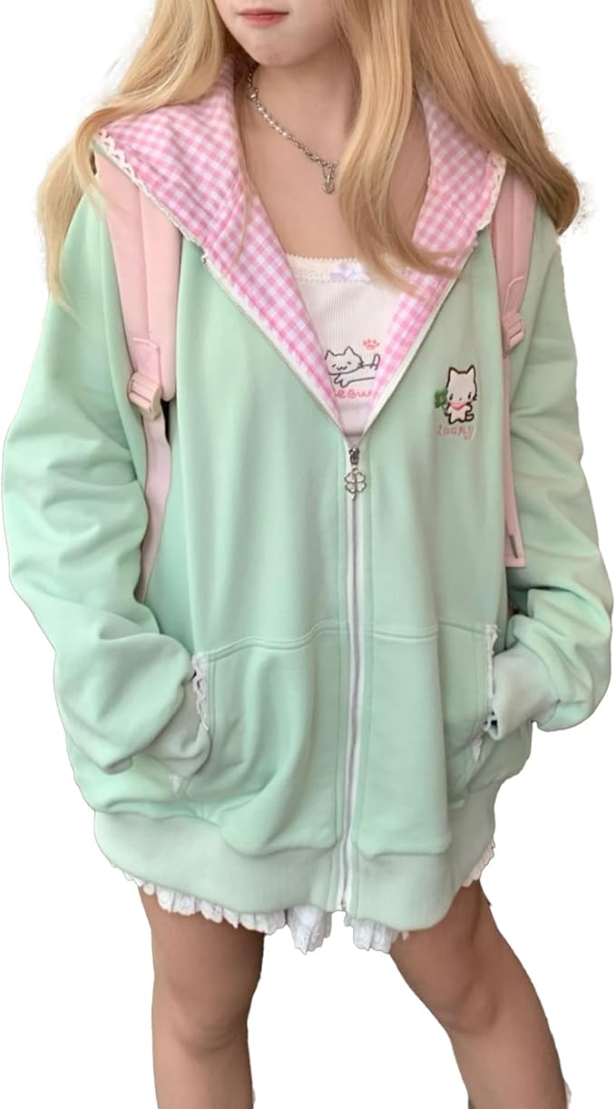 Womens Y2K Zip Up Cute Graphic Hoodies Cat Ears Casual Cartoon Harajuku Kawaii Clothes Oversize Streetwear Jacket