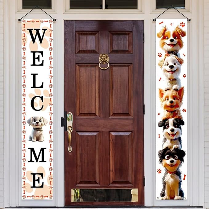 Aperturee Happy Dog Day Porch Banner, 12x72 Inch, Dog Paw Print Design with Cute Puppy Image, Welcome Sign for Pet Lovers, Outdoor Pet Decor, Funny Pet Lover Gift, Weather-Resistant Yard Sign for Porch