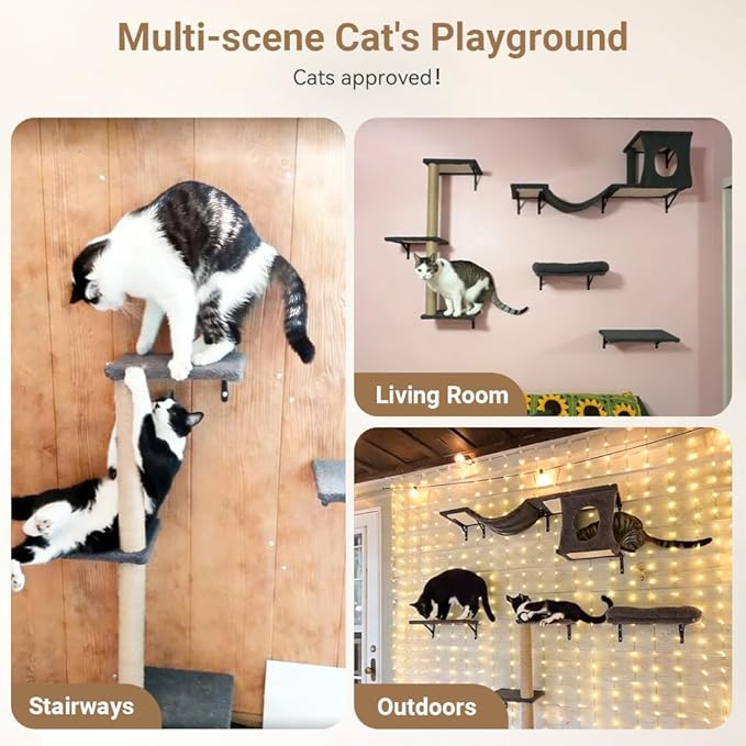 Cat Wall Shelves, 5-in-1 Cat Furniture Set, Wooden Cat Climber with Perches, Condo House, Bed, Scratching Post & Board for 16inch Drywall and Solid Wall
