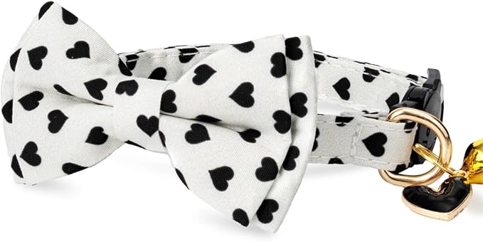 2 Pack Cotton Cat Collar with Bow Tie and Bell for Male Female Cats,Soft Fancy Breakaway Kitty Kitten Collar with Ghost& Pumpkin Patterned Design for Boy Girl Cats. (Cow&Heart)