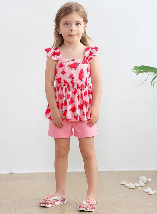 Toddler Baby Girls Summer Clothes Outfits Ruffled Sleeve Dinosaur Shirt Leopard Tops and Shorts Pants Sets 2PCS