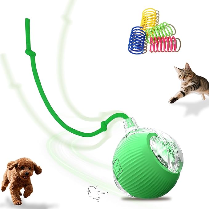 Interactive Cat Toys Ball for Indoor Cats＆Dogs,Automatic Cat Toy 360° Auto-Rotation Smart Obstacle Avoidance,Includes 4 Cat Spiral Spring,Cat Enrichment Toys for Indoor Cats (Green1)