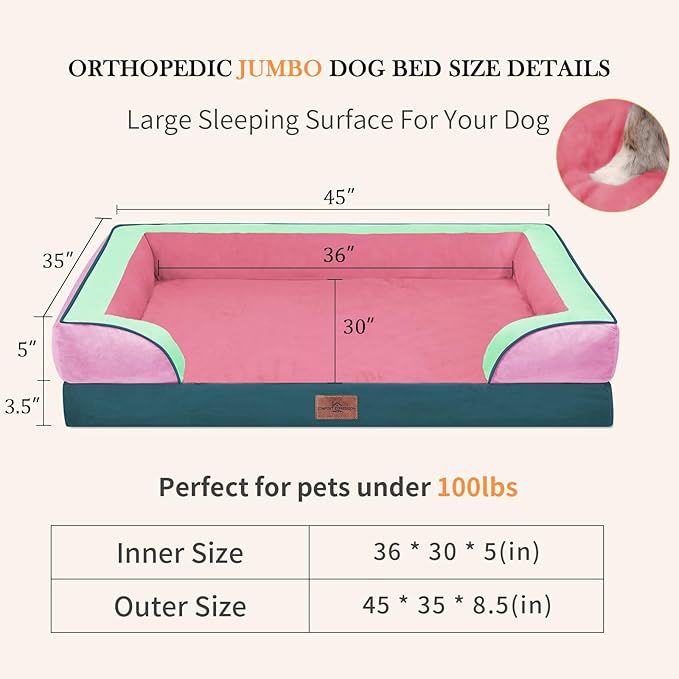 Comfort Expression Orthopedic Dog Bed for Extra Large Dogs 45x35 Inch, Waterproof Egg Crate Foam XL Pet Bed with Removable Bolsters, Dog Couch with Washable Cover & Non-Slip Bottom, Mint-Berry Dream