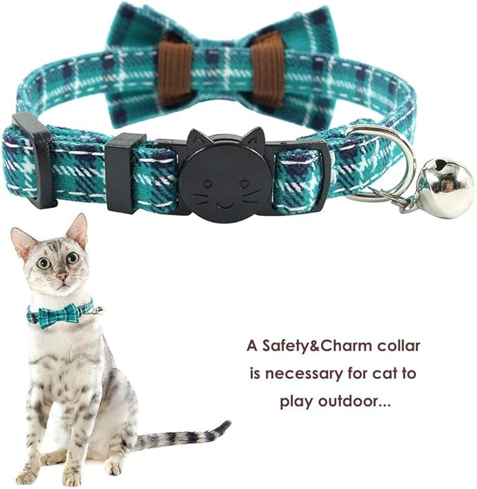 Pipidog Cat Collar Breakaway with Bell and Bow Tie, Plaid Design Adjustable Safety Kitty Kitten Collars(6.8-10.8in) (Green&Cyan Plaid)