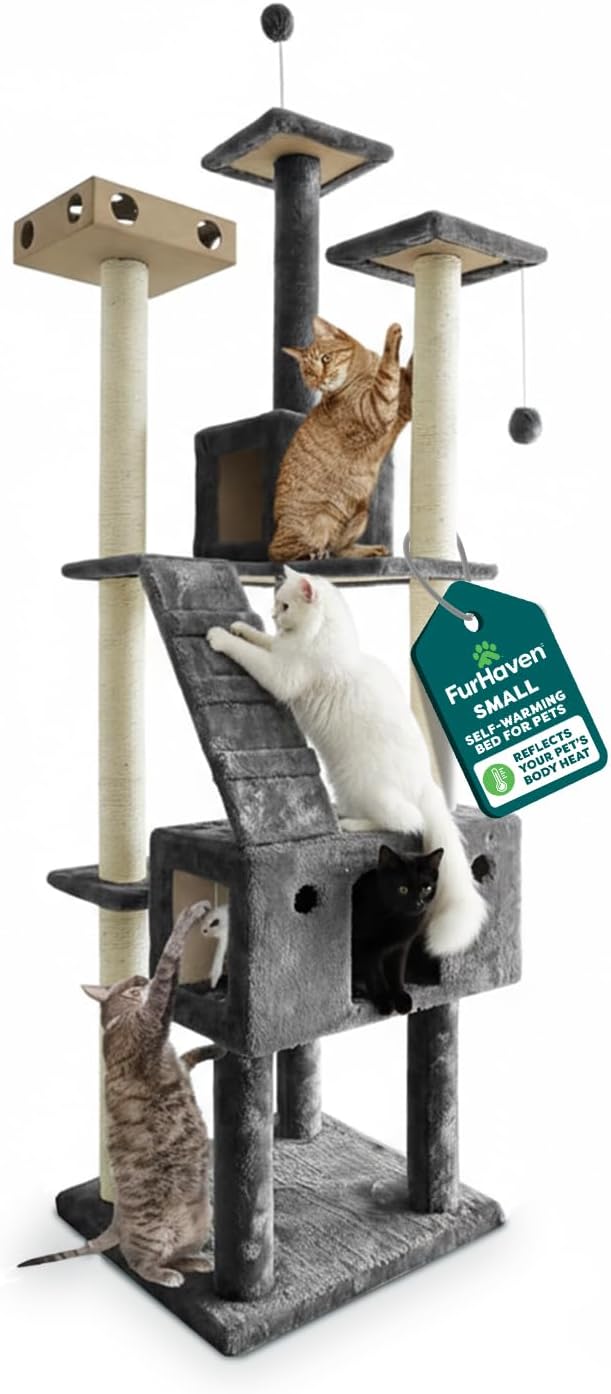 FurHaven 69.3" Tall Cat Scratching Post Tower for Indoor Cats, Sisal Cat Tree with 2 Condos, Tiger Tough Double Decker Playground, Toys & Perches for Cats, Sisal, Silver Gray