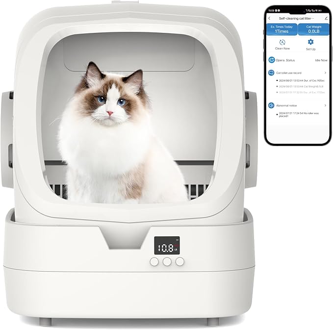 Automatic Cat Litter Box Self Cleaning - APP Control - Weight Monitoring - Ultra-Quiet, Medium Cats and Kittens Litter Box, Safe Anti-Pinch【Assembly Required】- White