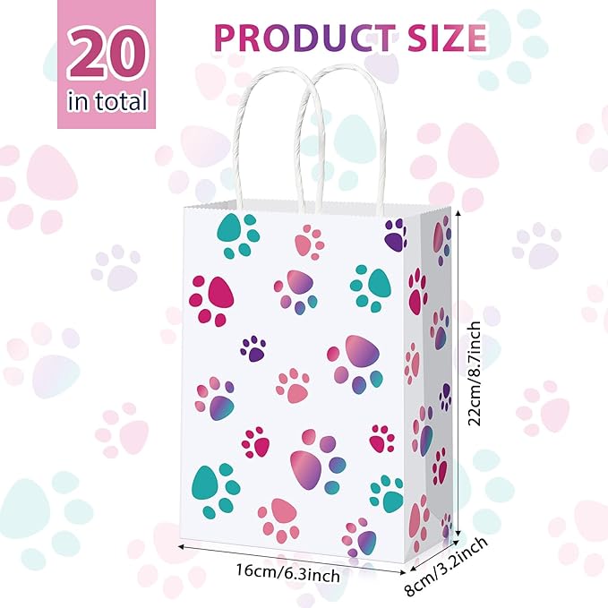 Blulu 20 Pcs Puppy Dog Paw Gift Bags with Twist Handles, Dog Gift Paper Paw Treat Goodie Bags for PET Treat Party Favor, 6.3 x 3.1 x 8.6 Inch(Pink,Purple)