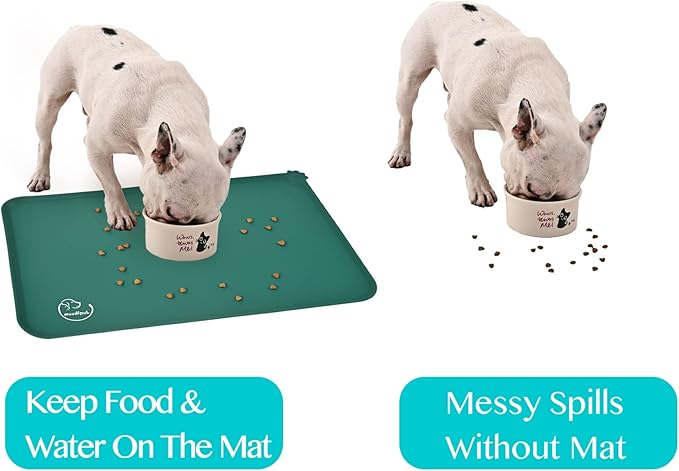 Silicone Waterproof Dog Cat Pet Feeding Mats, Non Slip, Easy Clean Pet Dog Cat Bowl Mats Placemat (18.5" x 11.5") Hunter Green