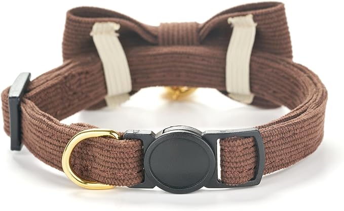 Soft Corduroy Cat Collar, Plaid Pattern, with Bell and Bowtie, Quick Release,Safety Breakaway Clasp, Adjustable for Kitten and Cats.(Black+Brown)