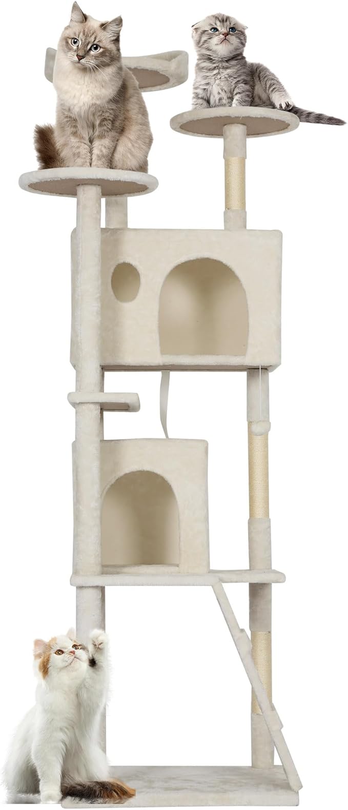 FDW | 81" Cat Tree Tower | Beige | Multi-Level Indoor Activity Center with Sisal Scratching Posts, Condos, Plush Perches, Hanging Cat Toys | Sturdy, Easy to Assemble | for Kittens & Adult Cats