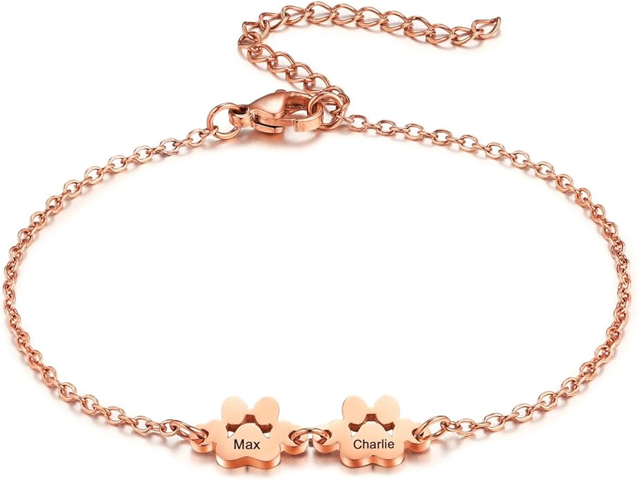MeMeDIY Personalized Paw Print Bracelet for Women Engraved 1-5 Names Dog Cat Pet Paw Bracelet Adjustable Chain Dog Jewelry Memorial Gifts for Pet Lovers