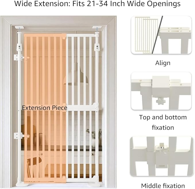 unipaws 57" H Cat Gate for Stairs, Fit for 21"-34" Wide Narrow Sapce, Auto Closing and No Drilling Cat Safety Gate, Cat Dog Proof, Indoor Use, White