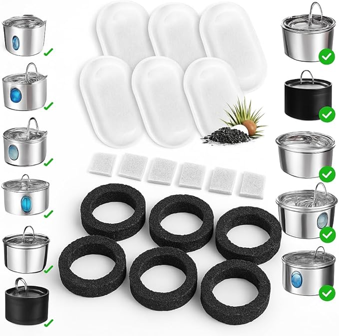 Fountain Filter Replacement Set – 18 Pack (6 Carbon Filters + 6 Pump Sponges + 6 Pre-Filters) – Compatible with Stainless Steel Cat & Dog Water Fountains – BPA-Free, Triple Filtration