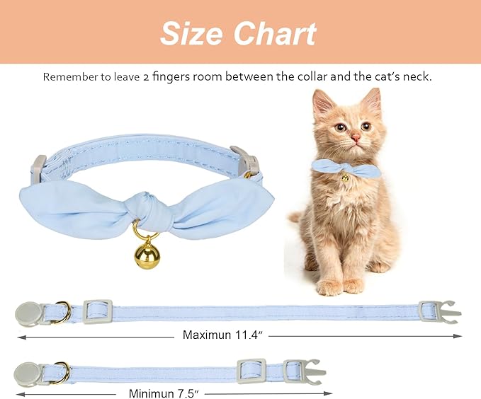 Bunny Ear Cat Collar with Bell and Bow Tie, Breakaway Cute Bowtie Kitten Collars(Blue)