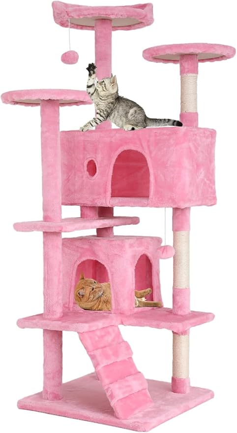 54in Cat Tree Cat Climbing Tower with Scratching Post, Cats House Perch Kitten Tree Condo Wood Playhouse, Pet Trees Tower for Indoor Cats, Pink