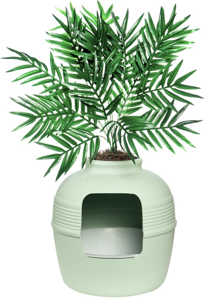 Good Pet Stuff Hidden Litter Box Planter, Decorative Cat Litter Enclosure with Carbon Filter, Artificial Plant, Easy Clean, Indoor Design, Original Round Style, Essentials Kit, Seagrass Green