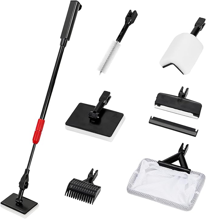 TOPZEA 6 in 1 Aquarium Cleaning Tool Kit, Fish Tank Cleaner Set with Adjustable Telescopic Long Handle (21-32 Inch) Include Algae Scraper, Scrubber Pads, Fish Net, Tube Cleaning Brush, Gravel Rake