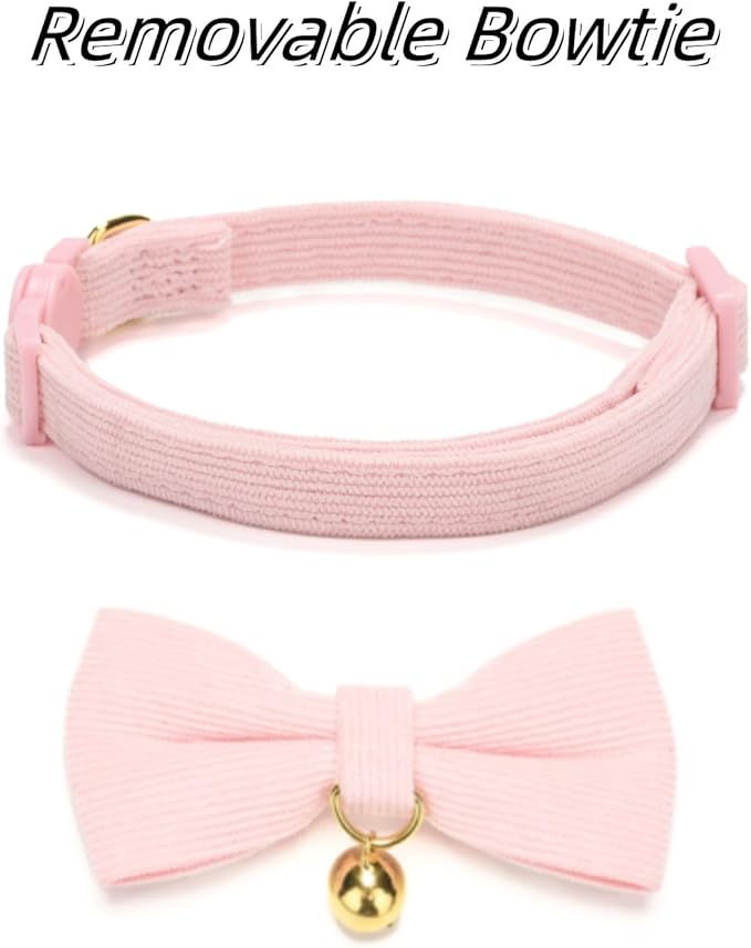 Soft Corduroy Cat Collar with Bell and Bowtie, Safety Breakaway Clasp, Adjustable for Kitten and Cats Pink Color.