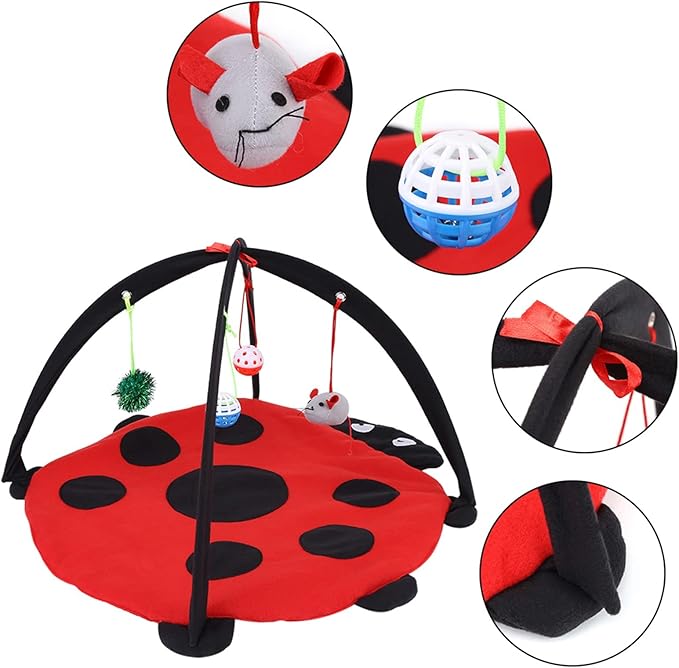Foldable Cat Activity Play Mat Tent, Multi Function Cat Tent Activity Center with Hanging Toy, Cat Activity Center Pet Kitten Cushion Bed Hanging Balls Padded House Center for Cats Exercise Stay