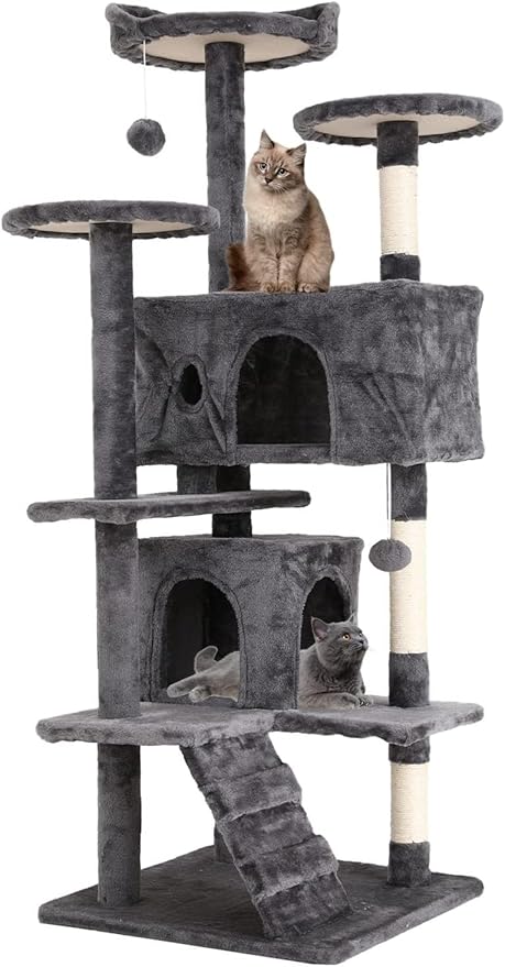 54in Cat Tree Cat Climbing Tower with Scratching Post, Cats House Perch Kitten Tree Condo Wood Playhouse, Pet Trees Tower for Indoor Cats, ASHY