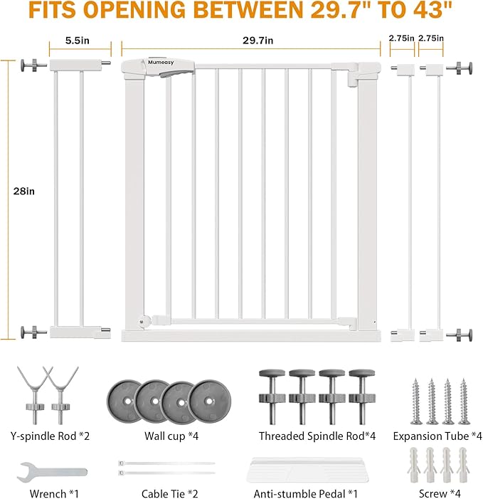 Baby Gate for Stairs, 29.7-43" Auto Close Dog Gate for Doorways & Hallways, Pressure Mounted Pet Gate with Walk Thru Door, Easy Install Safety Gate for Children & Pets, No Drilling, Dual-Lock Design