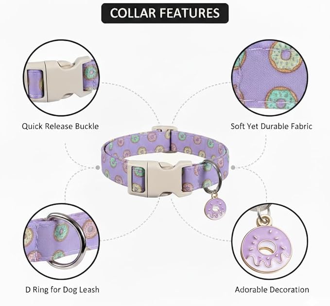 Girl Dog Collar with Unique Purple and Donut Print, Cute Dog Collar for Spring & Summer, Adjustable Pet Collar for Medium Dogs