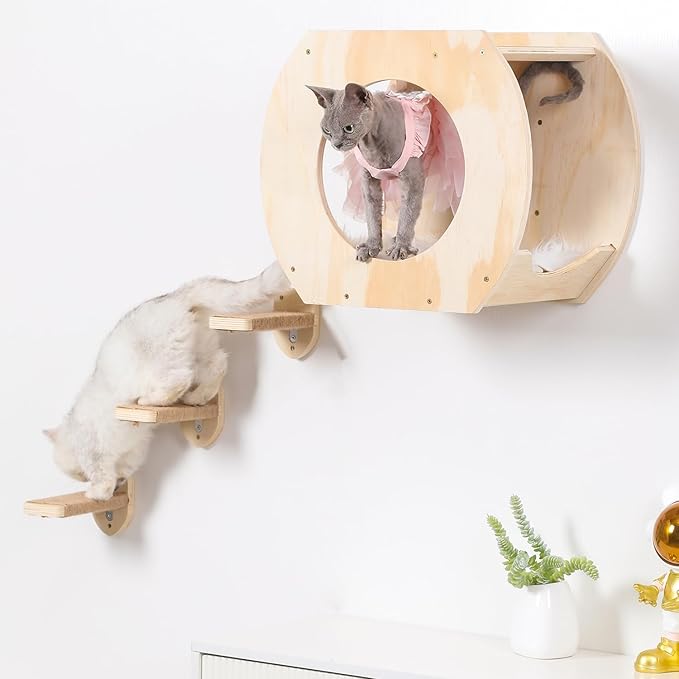 Cat Shelves - 3 Steps, Wall Climbing Shelf with Plush Covered Bed, Large Cats Set