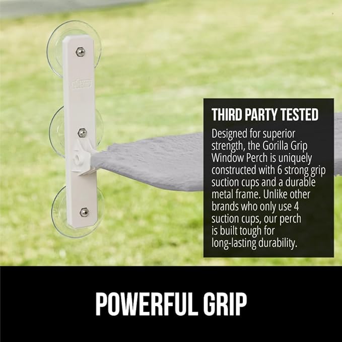 GORILLA GRIP Cat Window Perch, Foldable Cat Window Hammock Bed with 6 Large Suction Cups, Cordless Indoor Wall Shelves, Strong Metal Frame Holds 30lbs, Reversible Washable Sherpa Cover, Medium Gray