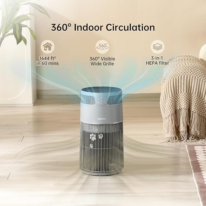 WiseSky Pet Air Purifier for Cat Owners, High-Efficiency Air Purifier for Cat Hair Dander Smoke Litter Odor in Large 1644 Sq Ft Room, 360° HEPA Filtration, Smart App, Quiet Pet-Friendly Design, Grey