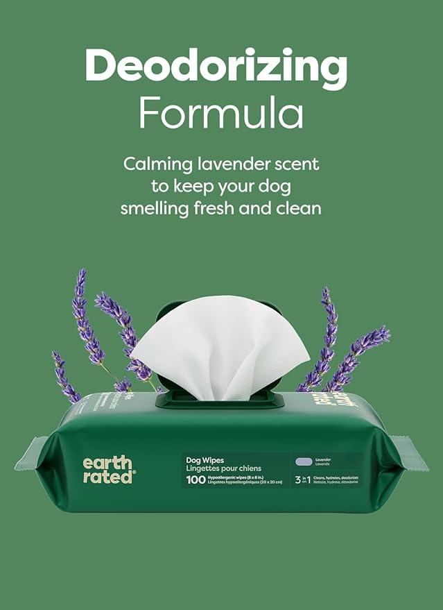 Earth Rated Dog Wipes, Hypoallergenic, 3-in-1 Cleaning and Hydrating, for Grooming Paws, Body and Butt, Lavender Scented, 100 Count