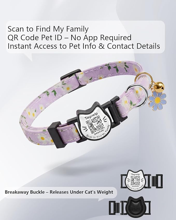 Cute Floral Breakaway Cat Collar with QR Code ID Tag, Soft Cotton Adjustable Kitten Collar with Bell, Personalized Scan ID for Cats, Daisy Pattern, Flower Pendant(Purple)