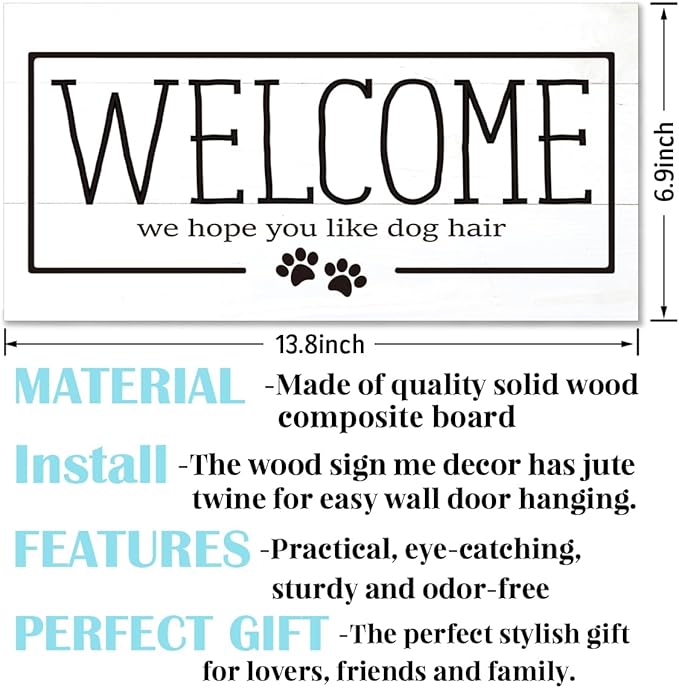 Welcome Sign for Front Door, Welcome Decor Wooden Hanging Sign for Dog Lover, We Hope You Like Dogs Hair, Rustic Funny Wooden Outdoor Front Door Hanging Decoration 13.8X6.9 inches