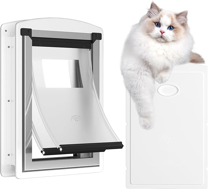 [MAVRICTECH] Cat Door for Door - Cat Door for Exterior & Interior Doors, Steel Frame, Magnetic Double Flaps, 2 Sliding Locks, Weather-Resistant, Fits Cats Up to 15LBS, White