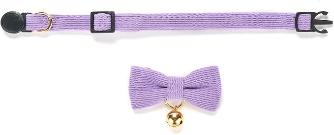 Soft Corduroy Cat Collar with Bell and Bowtie, Safety Breakaway Clasp, Adjustable for Kitten and Cats Purple Color.