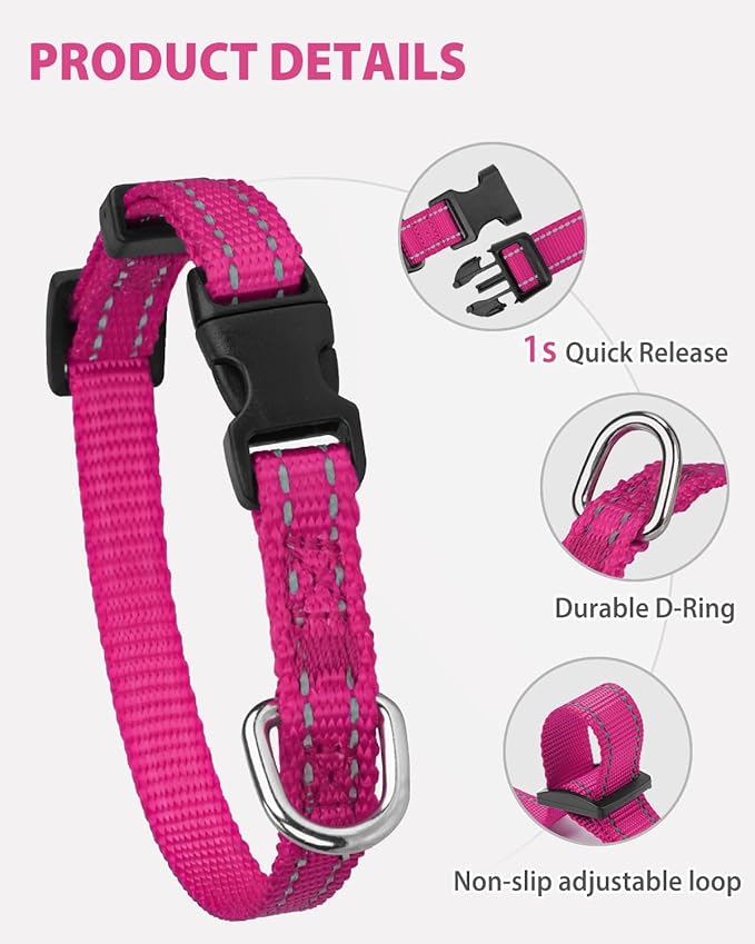 Joytale Small Dog Collar, Reflective and Adjustable Nylon Collar with Quick-Release Buckle, Lightweight No-Choke Design for Puppy and Extra Small Dogs, Hotpink, XS