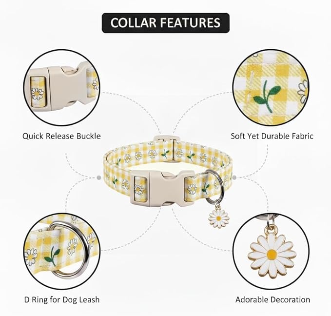 Cute Dog Collar, Yellow Plaid Dog Collar with White Floral Pattern, Spring Summer Design Floral Collar for Girls Boys Large Dogs
