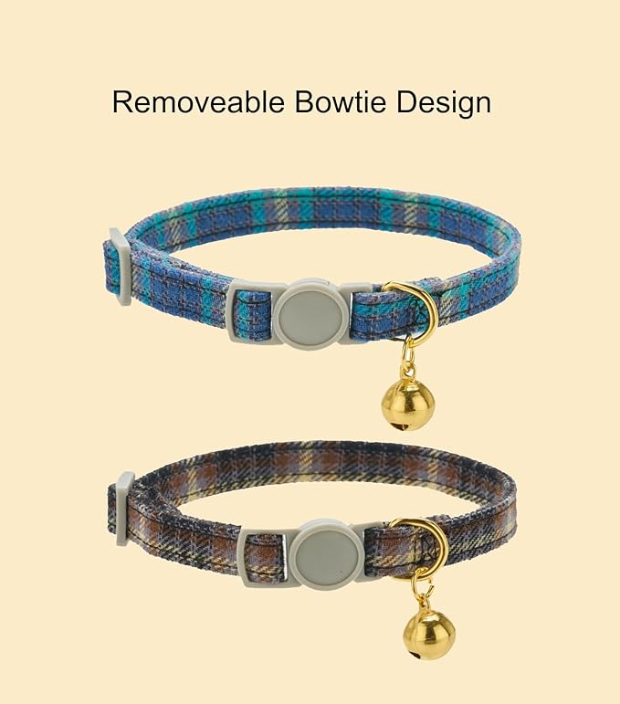 Cotton Bowtie Cat Collar with Bell 2 Pack Plaid Breakaway Kitten Collars with Removeable Bunny Ear Bow(Mocca Tweed+Ocean Blue)
