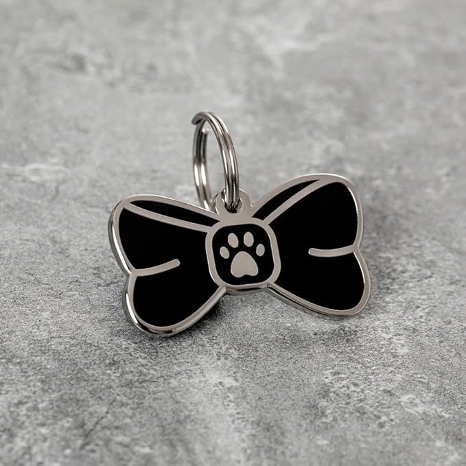 Two Tails Bowtie Pet ID Tag, Personalized Dog Name Tag with Custom Engraving, Stylish Collar Charm for Dogs & Puppies, Durable Brass with Silver Plating, Cute Pet Accessory for Collars & Harnesses