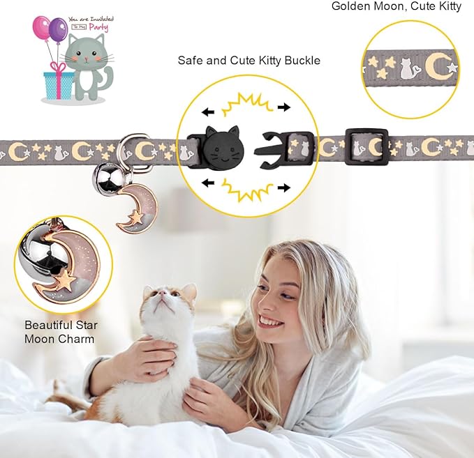 4PCS Cat Collar with Bells,Breakaway Cat Collars,Moons Stars Cute Kitty Adjustable Safe Kitten Collars Pendant Glow in The Dark,Cat Collars for Boy Cats 8.0-13.0 Inch(Black&Grey&Deep Green&Orange)
