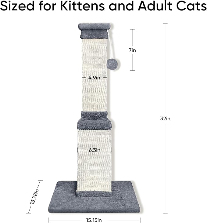 AGYM Cat Scratching Post, 32 Inch Cat Scratching Posts for Large Cats, Scratching Posts for Indoor Cats Adults, Cat Scratch Post with Nature Sisal, Light Gray