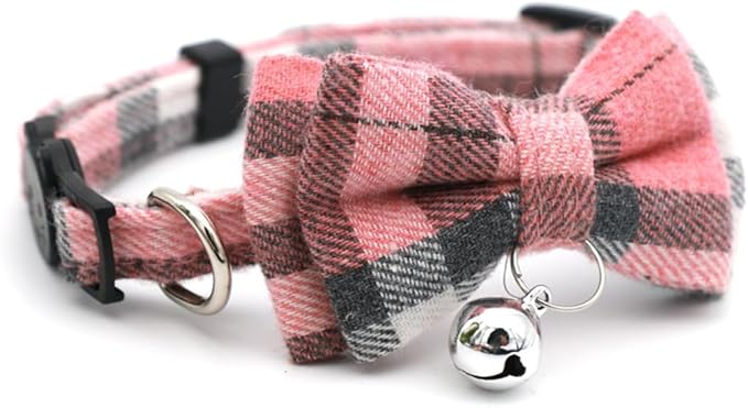 Pink Plaid Bow Kitten Collar with Bell, Breakaway Puppy Collar Bell with Bowtie Christmas Dog Collars Female for XXS Xs Small Tiny Little Pet Dogs Girl Kitten, for Hoilday Birthday Party
