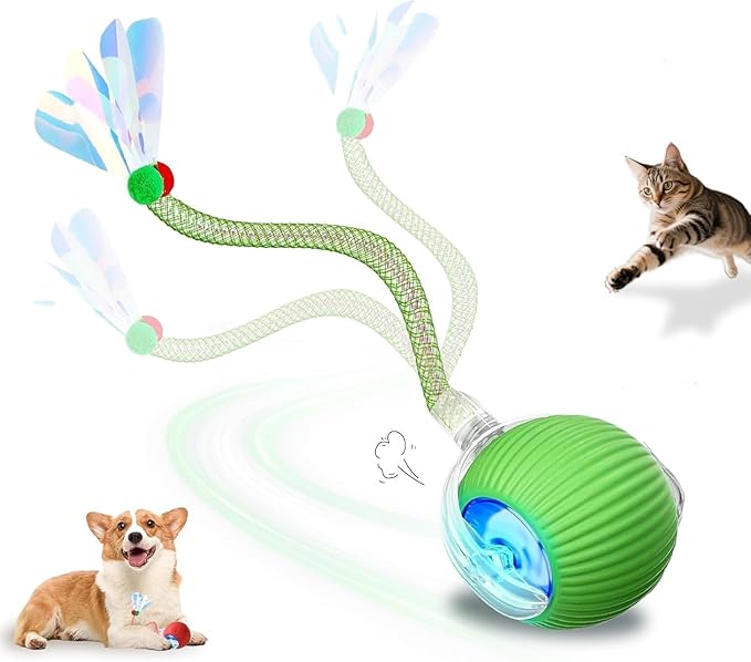 Interactive Cat Toys Ball for Indoor Cats＆Dog,Automatic Cat Toy 360° Auto-Rotation Smart Obstacle Avoidance,Includes 1 Speedy Tail 2.0 Ropes,Cat Enrichment Toys for Indoor Cats (Green)
