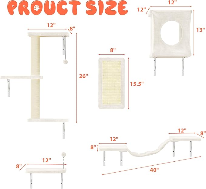 Wall Mounted Cat Furniture, 5 Pcs Cat Wall Shelves with House, Bridge, Steps, Scratching Post, Shelves, Indoor Safe & Stable Furniture for Kittens Play,Beige