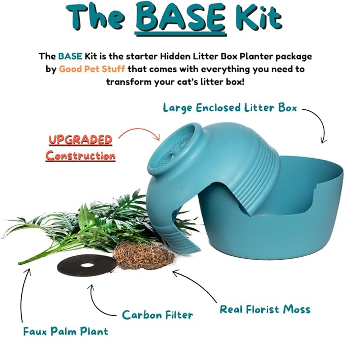 Good Pet Stuff Hidden Litter Box Planter, Decorative Cat Litter Enclosure with Carbon Filter, Artificial Plant, Easy Clean, Improved Design, Round Style, Base Kit, Coastal Blue