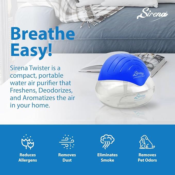 Sirena Twister Air Purifier (Blue) - Water Filter Air Washer For Home and Office - Essential Oil Aroma Diffuser With LED Night light - Small Air Cleaner For Smoke and Pets