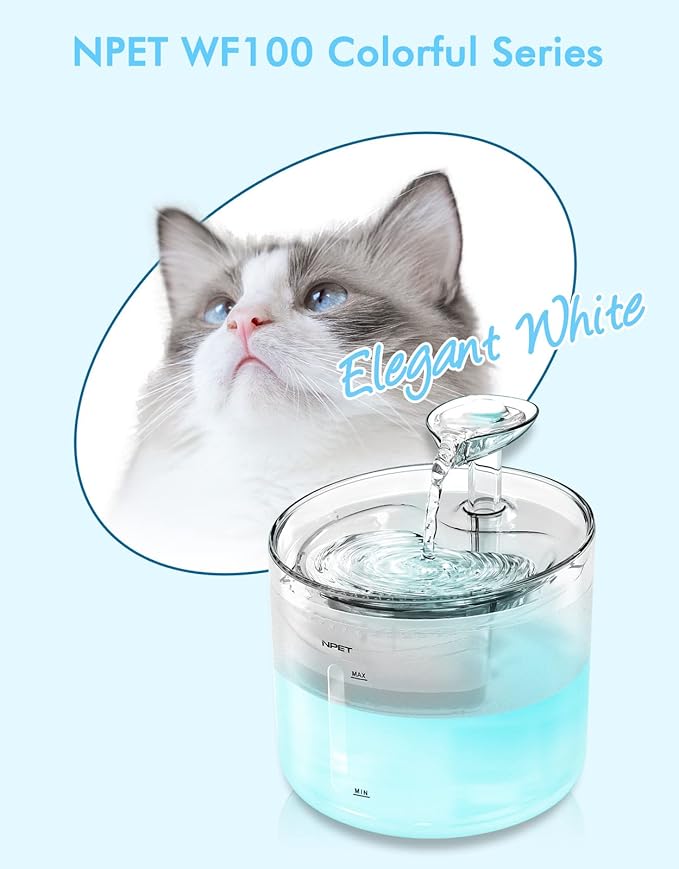 NPET WF100 Cat Fountain, 54oz/1.6L Automatic Pet Water Fountain Dog Water Dispenser with LED Light Quiet Pump for Cats & Small Dogs(Fountain+4 Filters +4 Sponges, White)