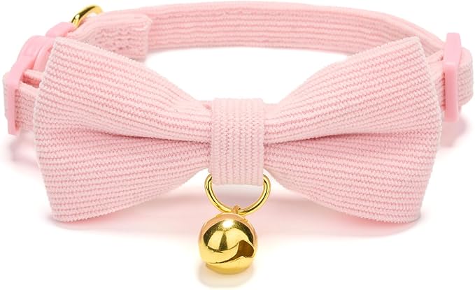 Cotton Breakaway Kitten Collar with Bow Tie and Bell Adjustable Cute Soft Corduroy Cat Collars for Small Female Cats(Pink,XS)