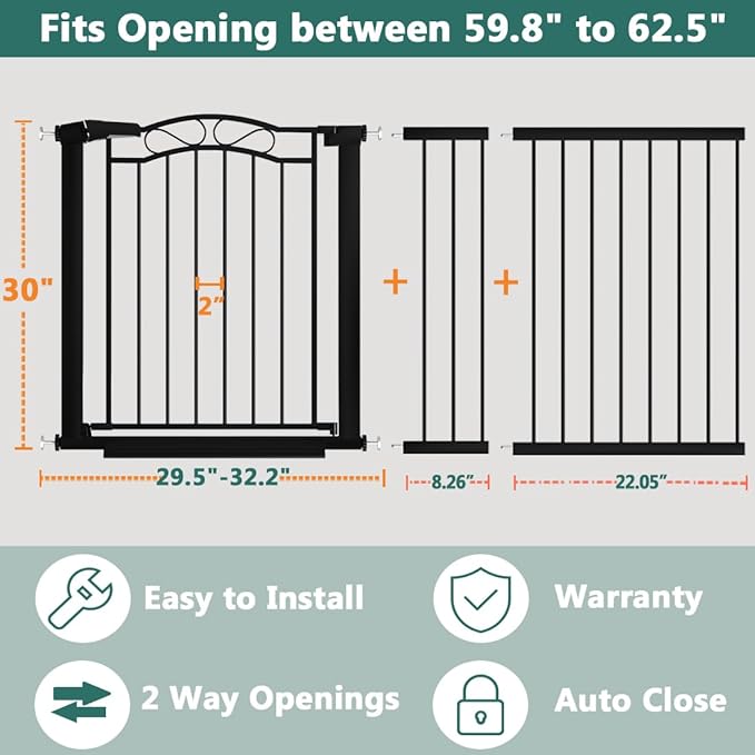 Fairy Baby 59.9"-62.5" Extra Wide Baby Gate with Door, 60 61 62 Inches Walk THR Baby Gates for Stairs Pressure Mounted no Drill, Indoor Tension Metal Child Pet Dog Safety Gate for Kids, Black